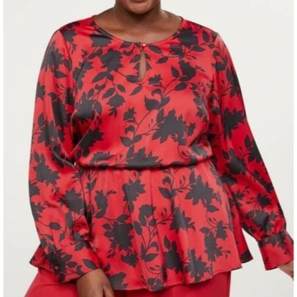 Lane Bryant Blouse Womens Size 26 Red Black Floral Peplum Long Sleeve Keyhole